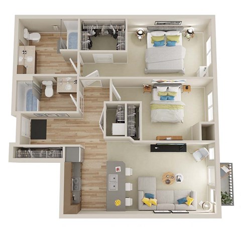 Floor plan for 2 beds, 2 baths, 1007 sqft